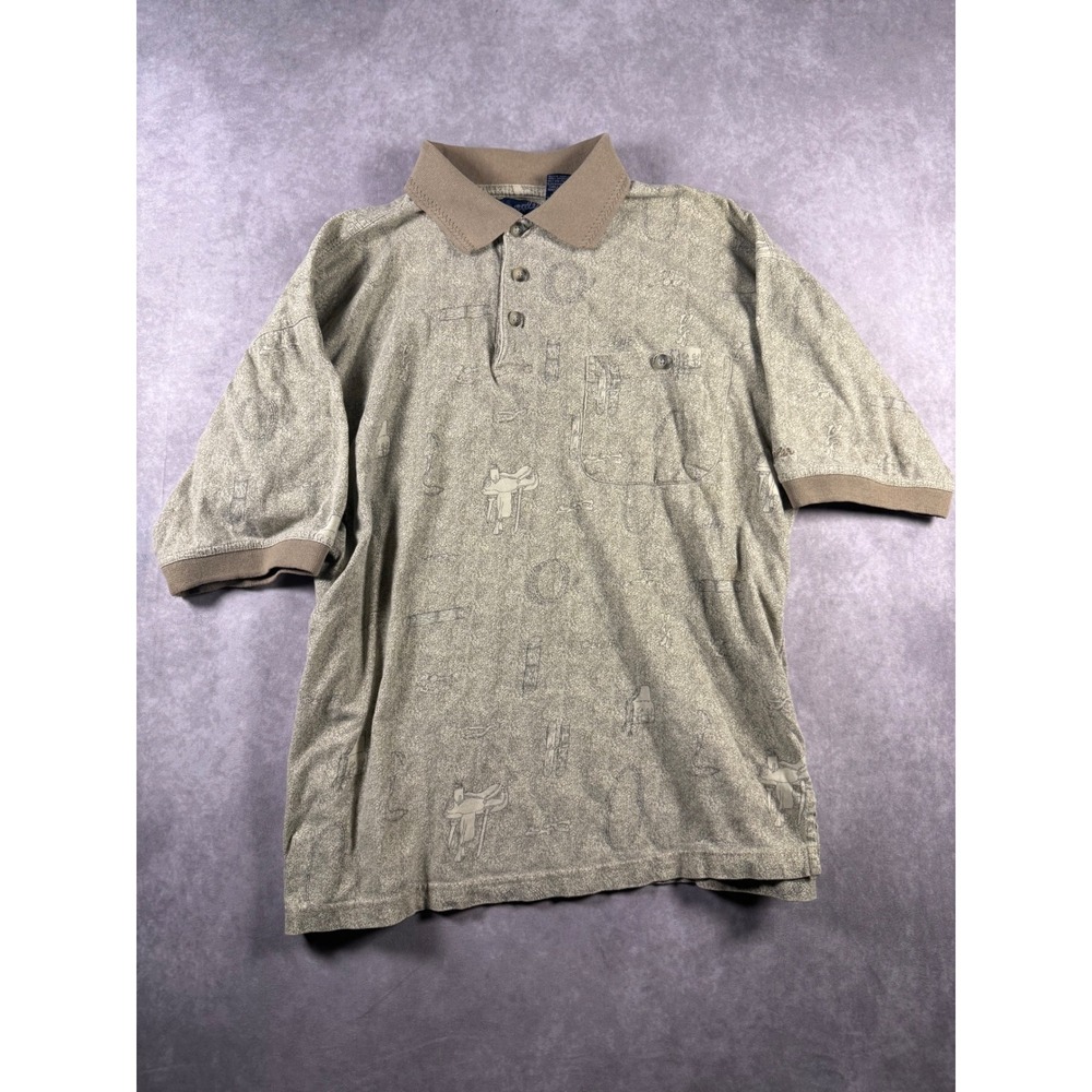 Vintage Wrangler Western Polo Shirt Mens Large Beige Saddles Spurs Cowboy Pocket